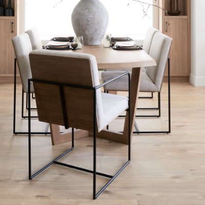 69970 - Stamford Beige Upholstered Seat w/ Wood Back, Black Metal Frame Dining Chair w/ Arms